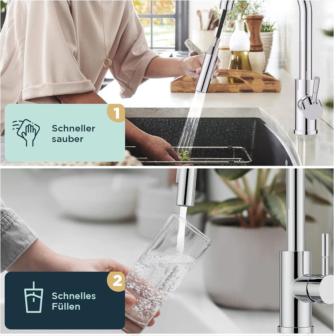 FORIOUS Wasserhahn Küche, Hoher Bogen Küchenarmatur mit Herausziehbarer Brause Ausziehbar Armatur, M