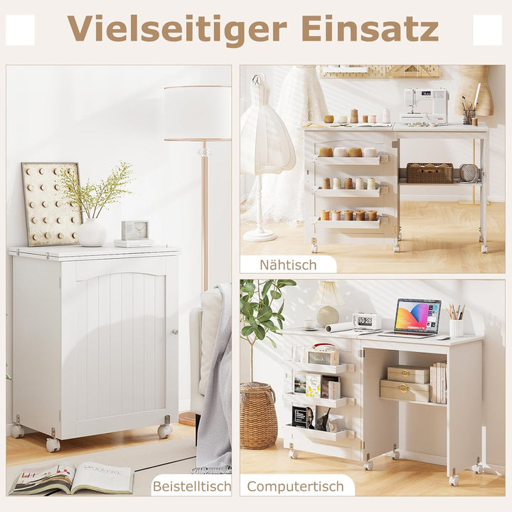 GIANTEX Nähtisch klappbar, Nähmaschinentisch auf Rollen, Nähtisch für Nähmaschine, Nähschrank Holz,