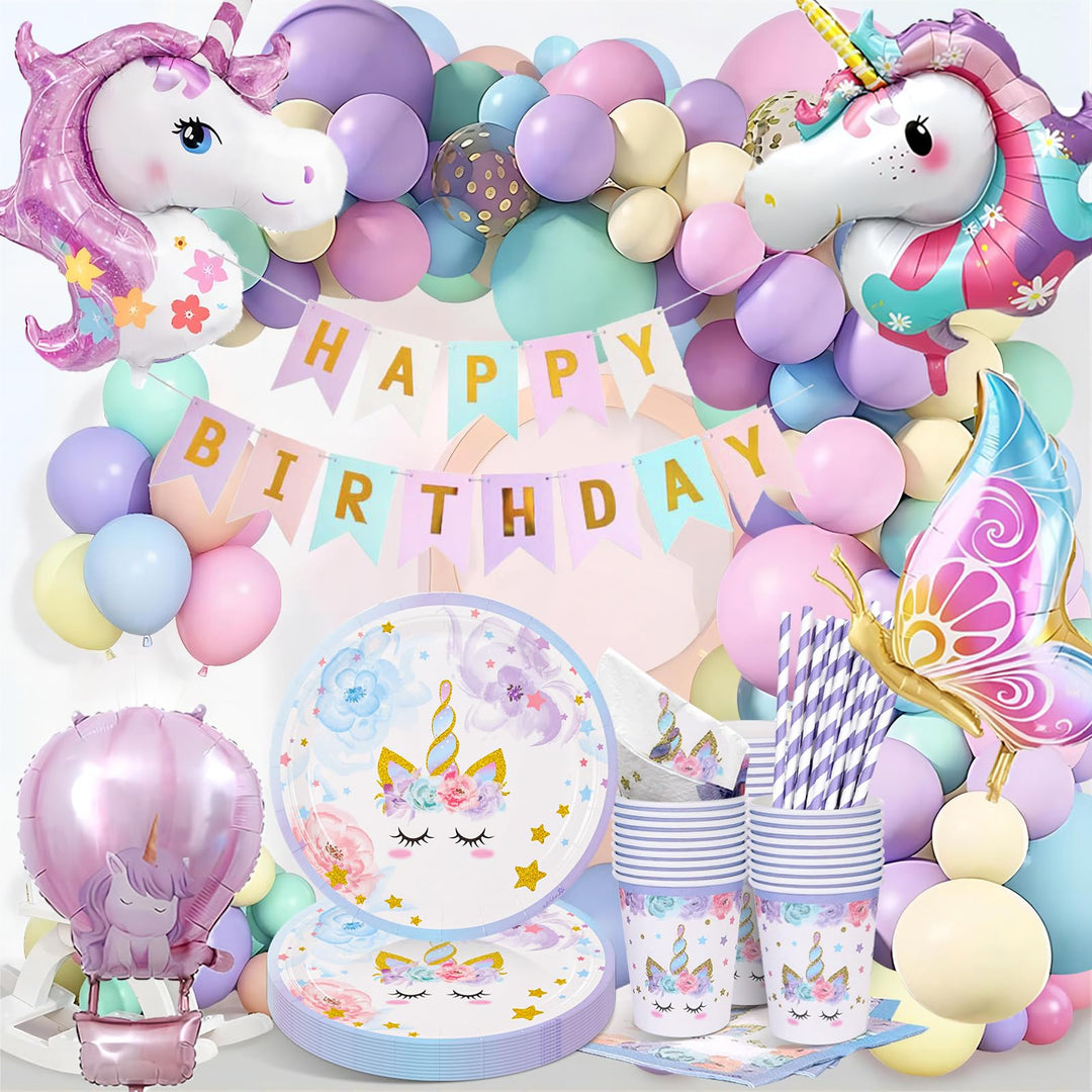 147 Stück Einhorn Geburtstag Partygeschirr Set, Pappteller Kindergeburtstag Deko Luftballons, Einhor