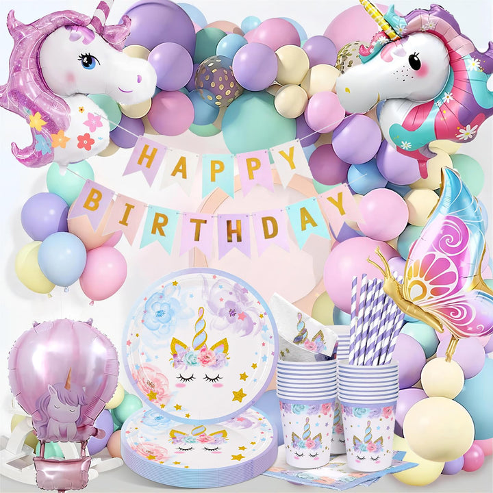 147 Stück Einhorn Geburtstag Partygeschirr Set, Pappteller Kindergeburtstag Deko Luftballons, Einhor