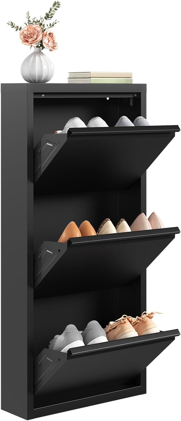 WOLTU Schuhschrank, mit 3 Klappen, Schuhregal, Schuhkipper, für 9 Paar Schuhe, aus Metall, für Flur