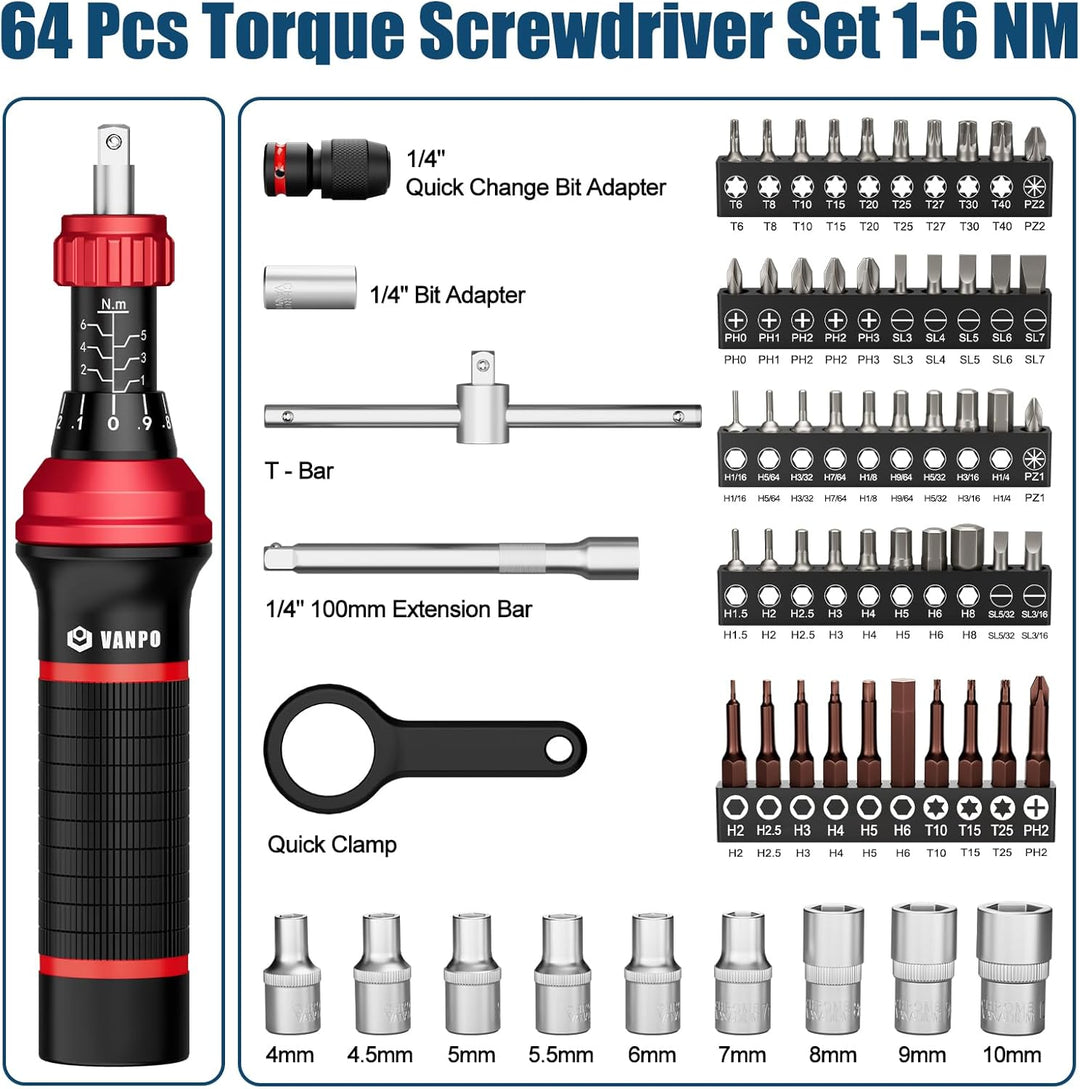 VANPO Drehmomentschraubendreher 1/4'', 64 tlg. 1-6 Nm Drehmomentschlüssel Schraubendreher Set mit T-