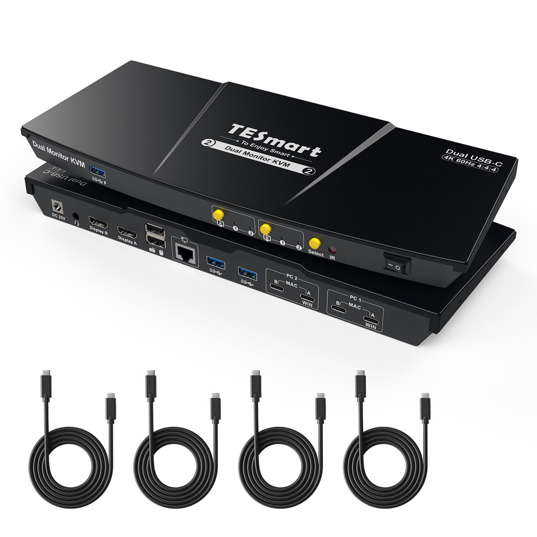 TESmart MST USB C KVM Switch 2 PC 2 Monitor, 4K@60Hz KVM Umschalter für 2 Laptop 2 Monitore, Docking