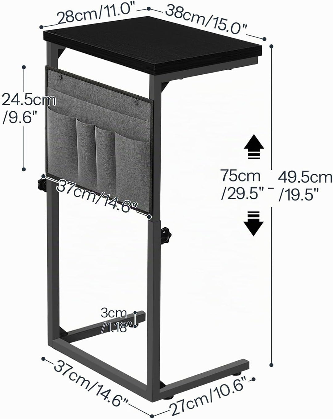 HOOBRO C-Form Beistelltisch, Höhenverstellbar 50–75 cm, Sofatisch, Couchtisch mit 5 Oxford-Stofftasc