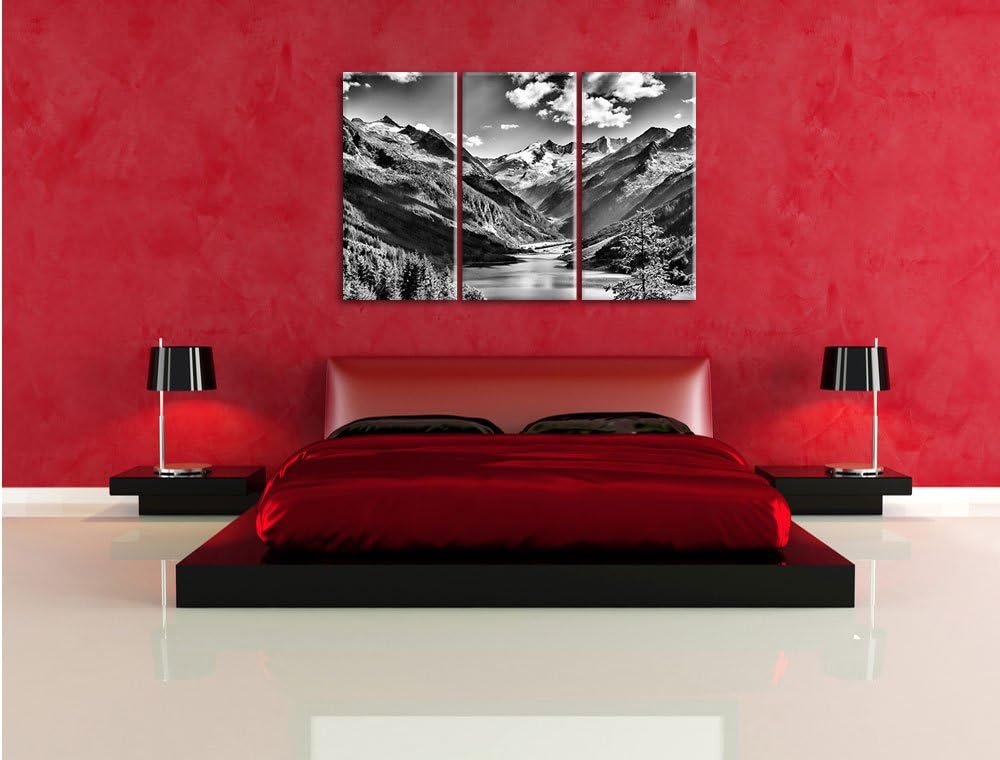 Pixxprint Monocrome, See an Bergen 3-Teiler Leinwandbild 120x80 Bild auf Leinwand