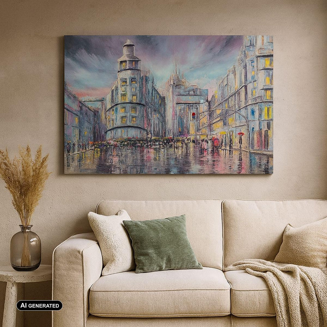 Bilder auf Leinwand 100x70cm Leinwandbild mit Rahmen Stadt Strasse Haus Gross Wanddeko Bild Schlafzi