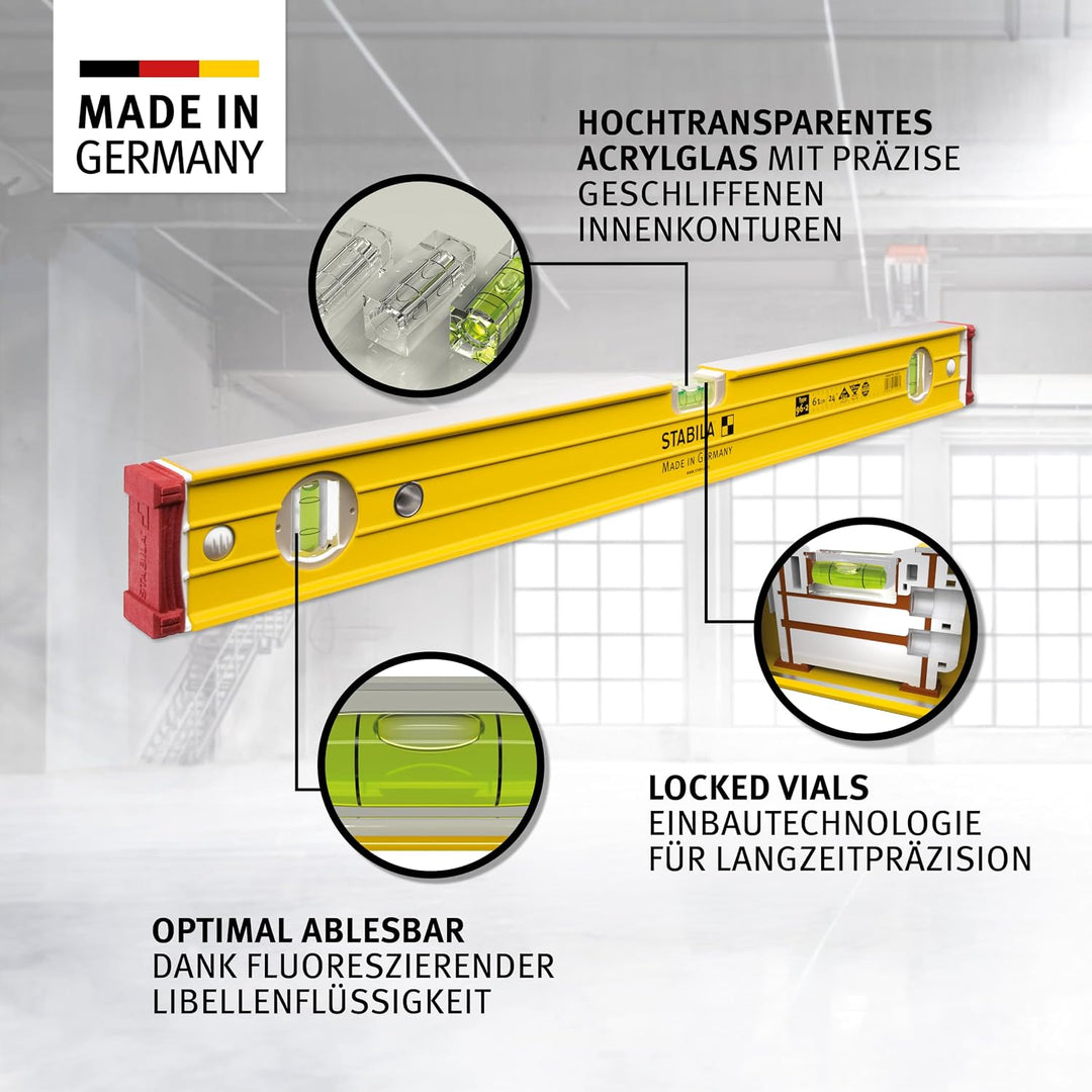 STABILA Wasserwaage Type 96-2, 61 cm, extrasteifes Alu-Profil, 1 Horizontal-Libelle, 2 Vertikal-Libe