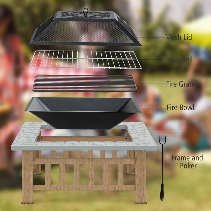KOMFOTTEU Feuerschale Feuerkorb, Feuerstelle mit Grillrost & Decekl, Flammschale 81 x 81cm Outdoor,
