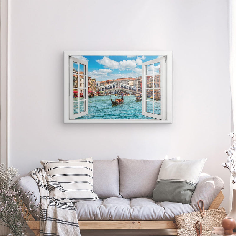 PICANOVA – Leinwandbild 120x80cm Rialtobrücke Venedig Fenster – Leinwanddruck – Wandbild Kunstdruck