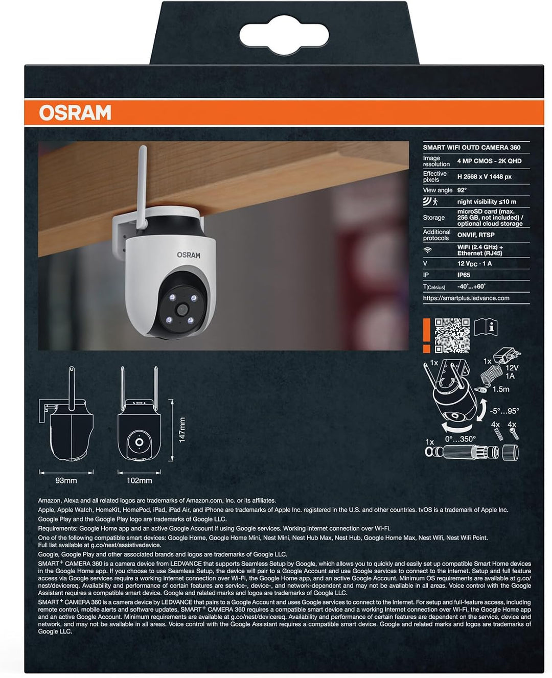 Osram SMART+ WiFi Aussenkamera 360° 4MP 2K IP65, Schwenk-Neige, Nachtsicht 10m, Alexa kompatibel, Ou