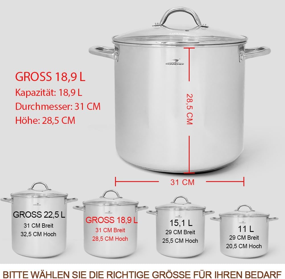 HOMICHEF Grosser Suppentopf aus nickelfreiem Edelstahl mit Deckel (31 cm, 18,9 L) – Hochglanzpoliert