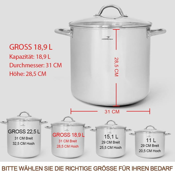 HOMICHEF Grosser Suppentopf aus nickelfreiem Edelstahl mit Deckel (31 cm, 18,9 L) – Hochglanzpoliert