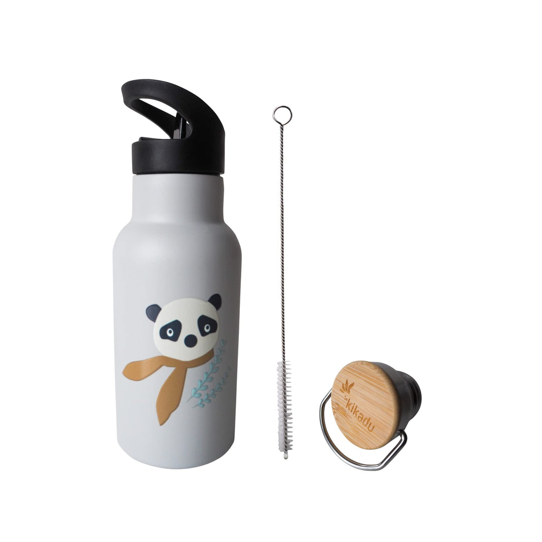 kikadu Trinkflasche Panda Silber Grau - Kindergeschirr, BPA-frei, mit niedlichen Aufdrucken, Fassung