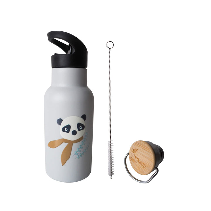 kikadu Trinkflasche Panda Silber Grau - Kindergeschirr, BPA-frei, mit niedlichen Aufdrucken, Fassung