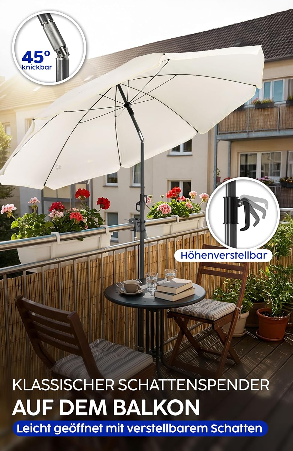 4smile Sonnenschirm Balkon Ø 180cm, Beige - Sonnenschirm Strand mit Hülle - Balkonschirm mit Knickfu