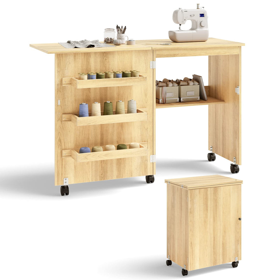 COSTWAY 2 in 1 Nähschrank & Schreibtisch klappbar, Nähtisch aus Holz mit 3 Einlegeböden für Spulen &