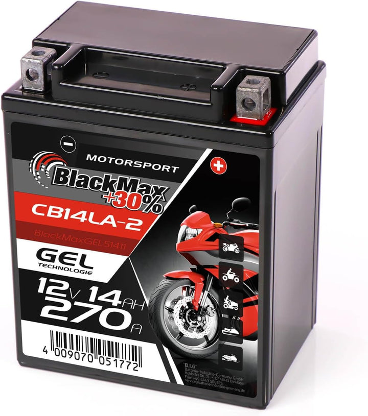 BlackMax YB14L-A2 GEL Motorradbatterie 12V 14Ah Batterie 51411 12N14-3A FB14L-A2 14Ah - 230A - YB14L