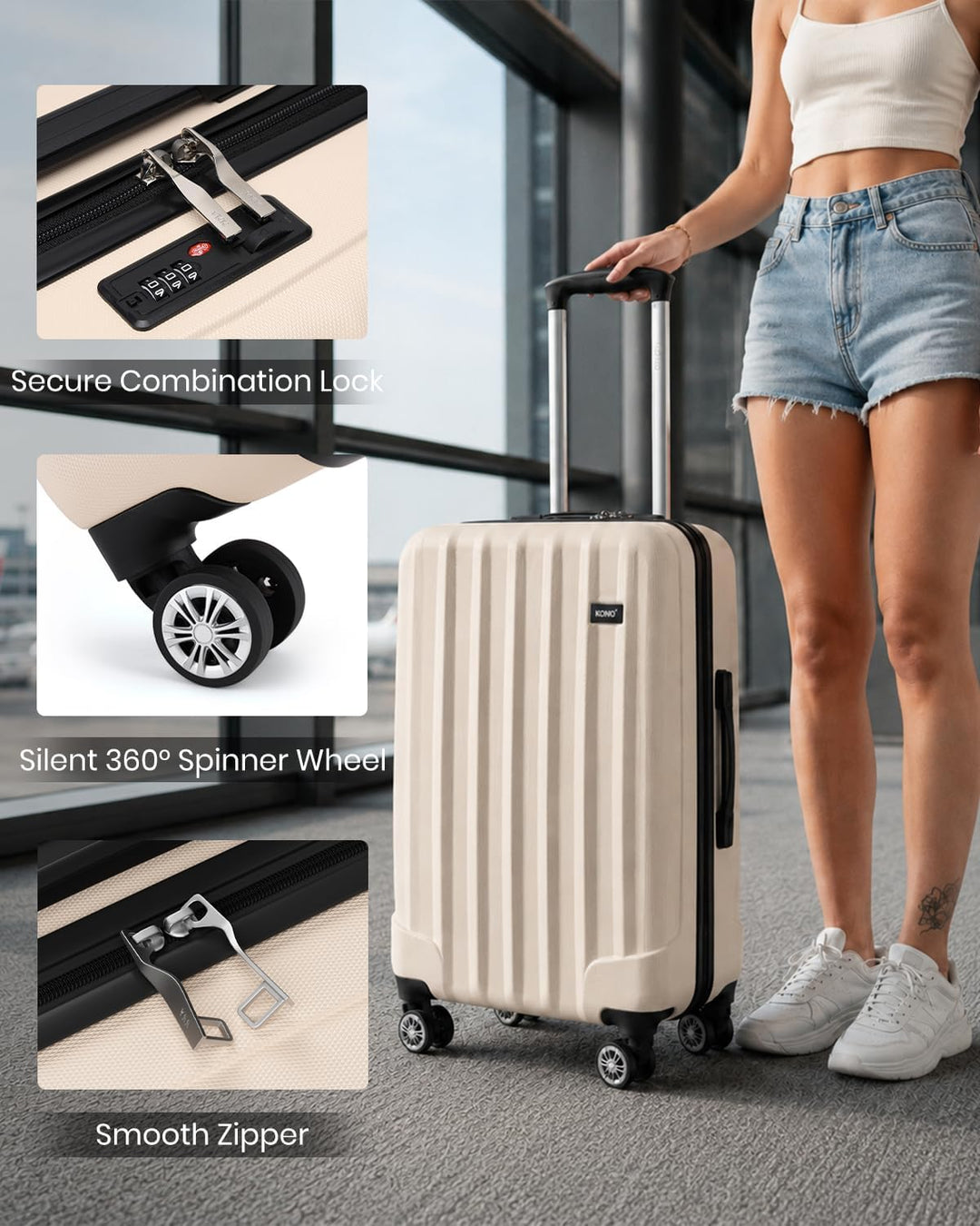 KONO Koffer Trolley Mittelgross Hartschale ABS Reisekoffer Rollkoffer Suitcase (Beige, L) Beige L, B