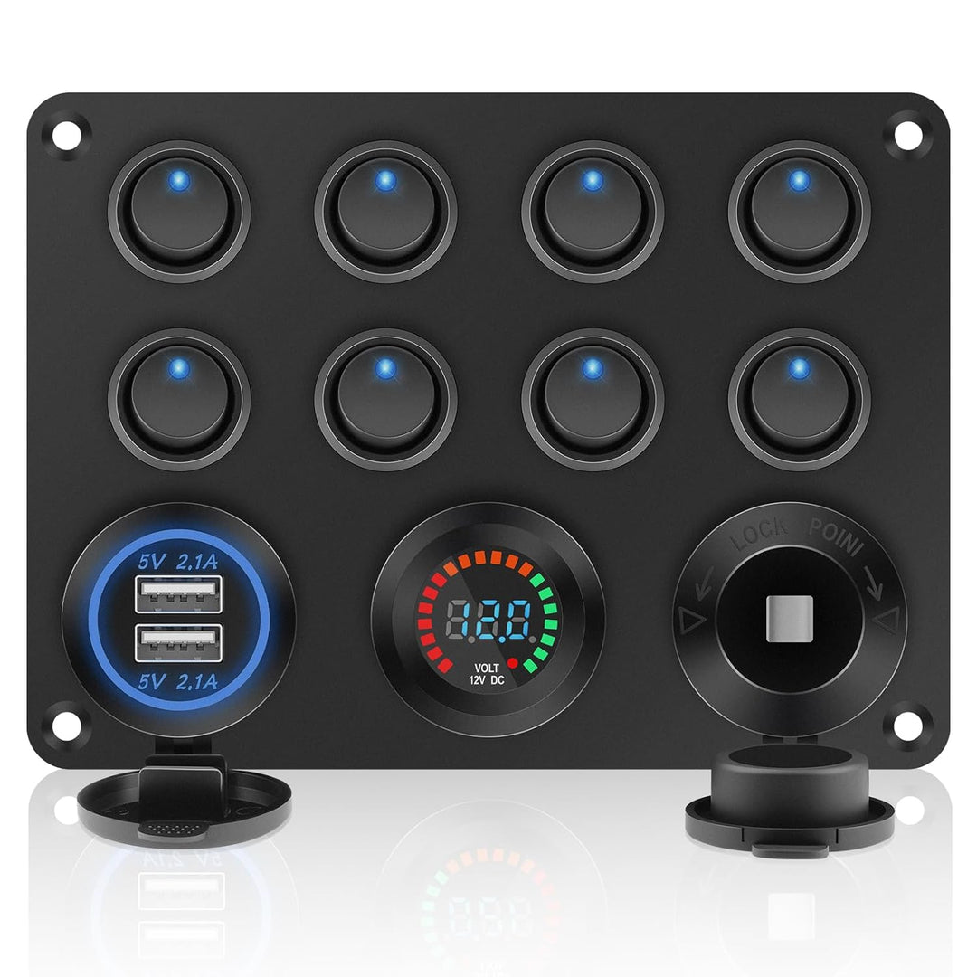 Geloo 8 Gang wasserdichte Wippschalter-Panel, blaue LED-Lichter, Dual 5 V USB-Ladebuchse, für Autos,