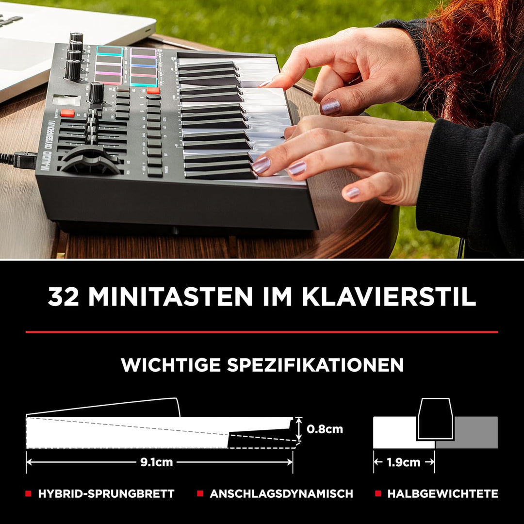 M-Audio Oxygen Pro Mini – 32-Tasten USB MIDI Keyboard Controller mit Beat Pads, MIDI-zuweisbaren Reg