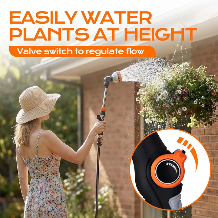 Giessstab 8 Sprühbilder, 47cm Gartenbrause Lang mit 180° Schwenkbaren Kopf & O-Ring Auslaufschutz, H