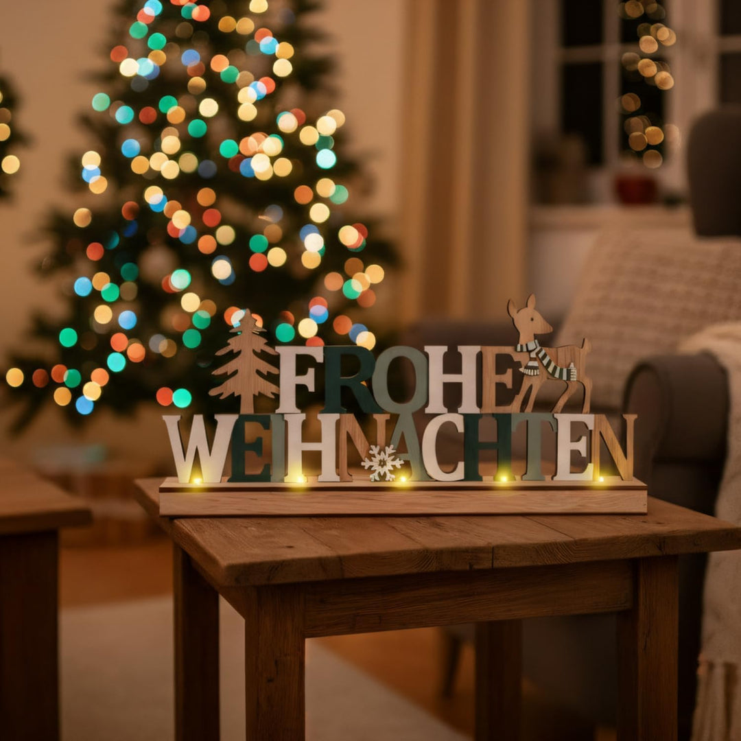 COM-FOUR® LED Deko Aufsteller aus Holz - beleuchteter Schriftzug auf Holzsockel - Deko-Schriftzug zu