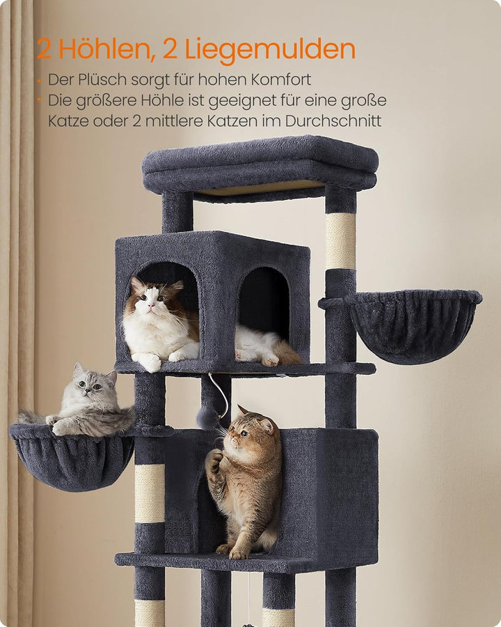 Feandrea Kratzbaum, 175 cm hoch, XL, mehrstöckiger Katzenbaum mit 2 Höhlen, 2 Liegemulden, 5 Kratzsä