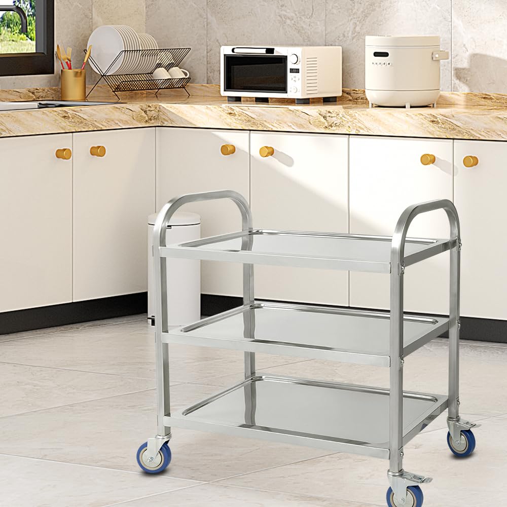 LANTUS Servierwagen mit Rollen, 3 Regale, Servierwagen mit Rollen, 95 x 55 x 95 cm, silberfarben, Ed