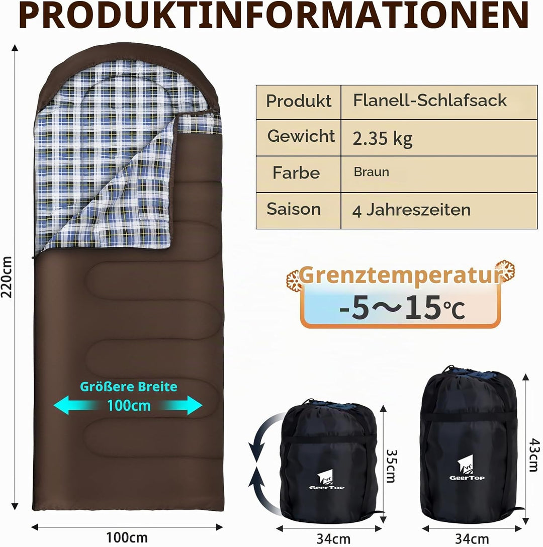 GEERTOP Schlafsack XXL 4 Jahreszeiten Flanell Campingschlafsack Übergrösse 220x100cm für Erwachsene