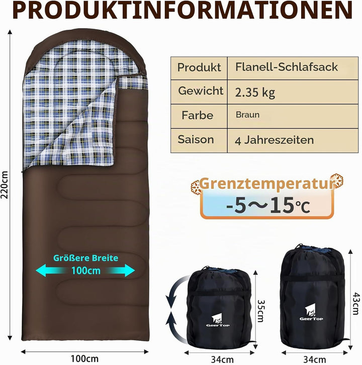 GEERTOP Schlafsack XXL 4 Jahreszeiten Flanell Campingschlafsack Übergrösse 220x100cm für Erwachsene