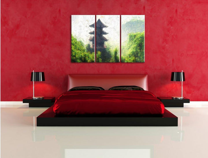 Pixxprint chinesische Häuser Kunst / 3-Teilig/Gesamtmass 120cm Leinwandbild bespannt auf Holzrahmen/