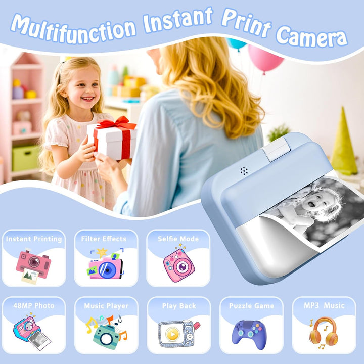Kinderkamera Sofortbildkamera,1080P HD-Sofortkamera für Kinder mit 32 GB-Karte und 3 Rollen Fotopapi
