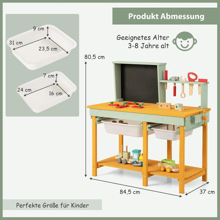 COSTWAY Werkzeugbank Kinder, Spielwerkbank aus Holz mit Tafel &amp; 2 Aufbewahrungsboxen, Werkstatt Werk