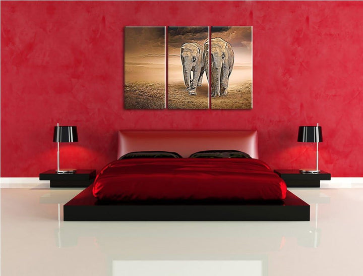Zwei stolze Elefanten in Steppe Spezial 3-Teiler Leinwandbild 120x80 Bild auf Leinwand, XXL riesige