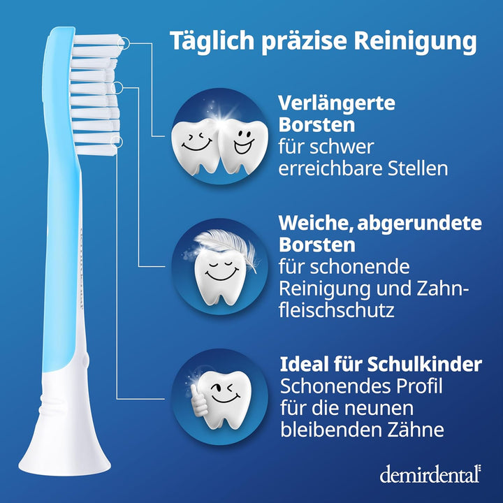 demirdental Kinder Ersatzbürsten passend für Philips Sonicare Kids, Bürstenköpfe ab 7 Jahre, entspri
