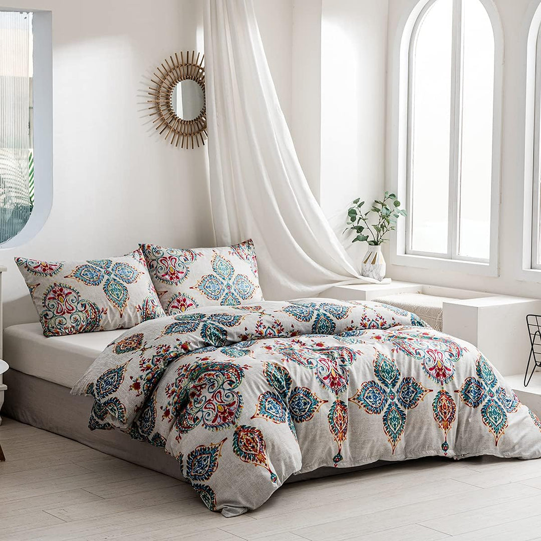 Damier Bohemian Bettwäsche 200x200cm Türkis Boho Indische Mandala Deckenbezug mit Verdecktem Reissve