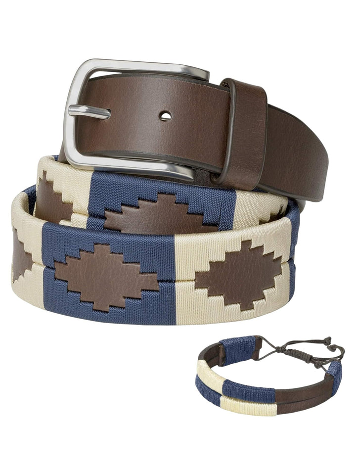 PELPE Argentinischer Ledergürtel mit passender Schnur und Lederarmband. Auf Leder gestickter Gürtel