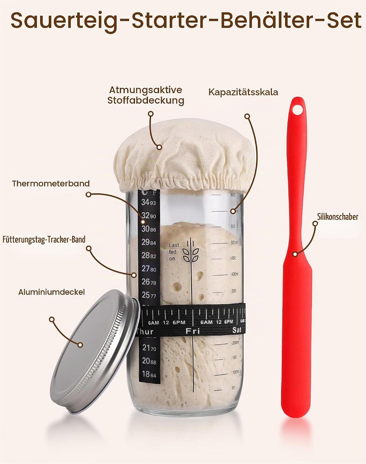 10-teilig Sauerteig Starter Set mit Gärkörbchen Rund mit Gärtuch Sowie Gärglas mit Spatel und Bäcker