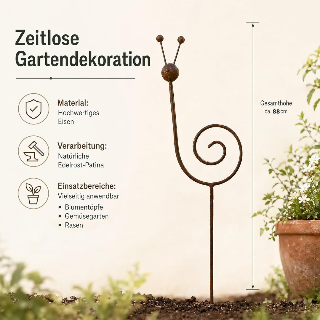 Rostige Gartendeko Vintage, Pflanzenstütze aus Metall in Schneckenform, Gartenstecker Rost, Geeignet
