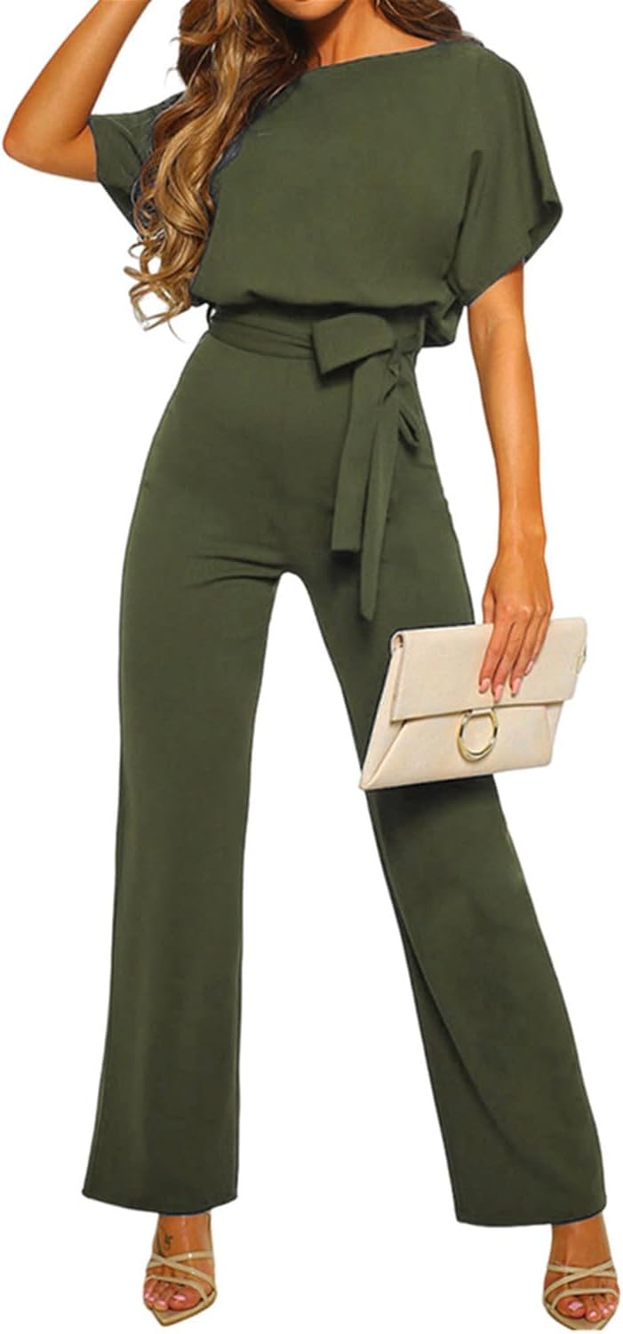 Bipily Damen Kurzarm Lang Jumpsuit Elegant Overall Jumpsuits O-Ausschnitt Playsuit Romper Hosenanzug