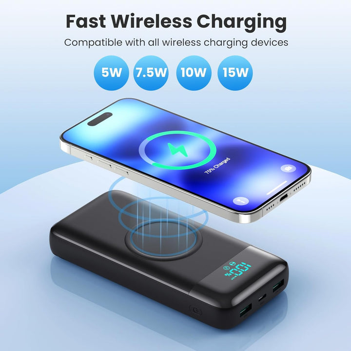 Wireless Power Bank 26800mAh mit 3 Kabel, 7 in 1 25W PD3.0+QC4.0 Schnellladen USB C Powerbank, 6 Aus
