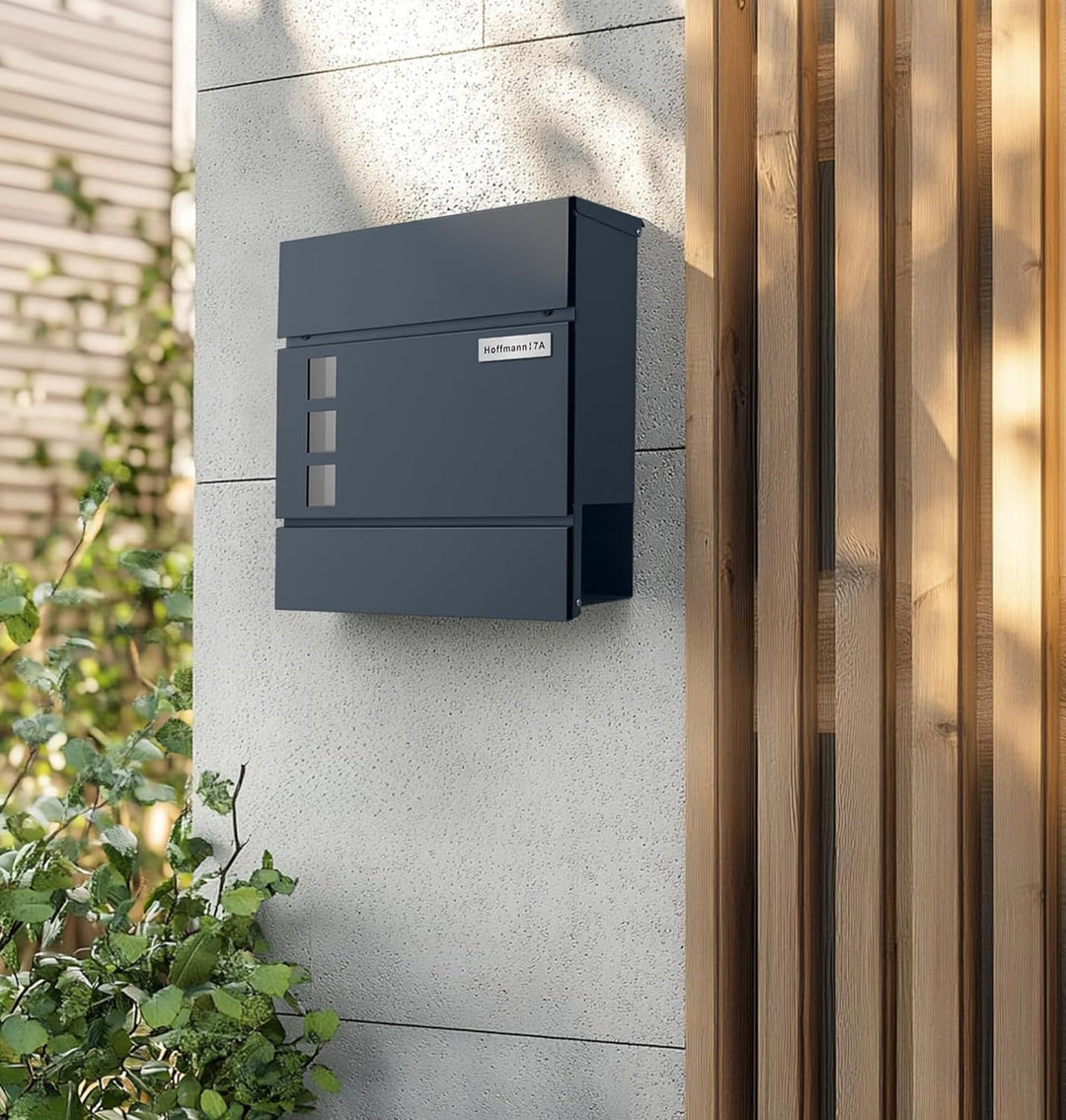 Zedelmaier XL Briefkasten personalisiert mit Edelstahl Namensschild Anthrazit Wandbriefkasten Postka