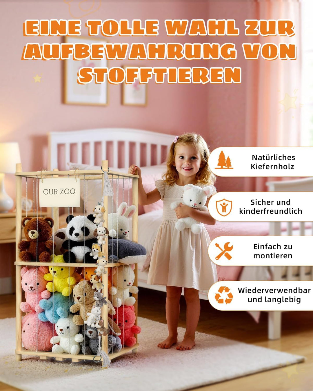 JINDUN Kuscheltier Aufbewahrung Aus Holz, 95cm Höhe Aufbewahrung Kuscheltiere, mit Stofftier Aufbewa