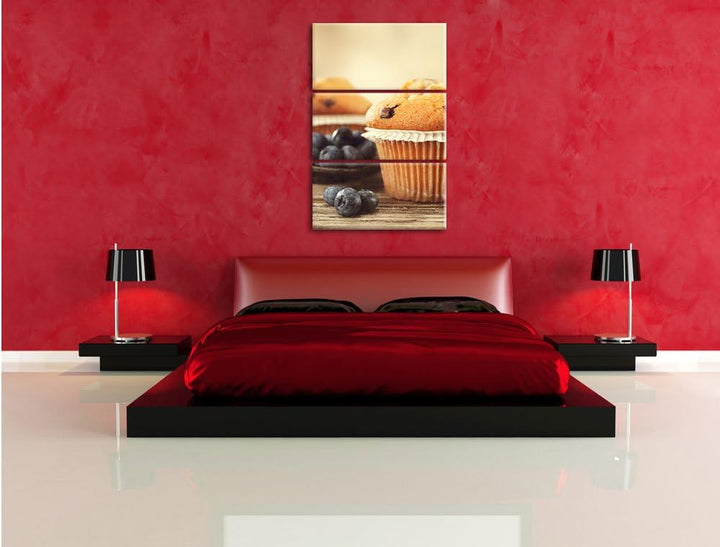 Pixxprint Muffins mit Schokoraspeln und Blaubeeren 3-Teiler Leinwandbild 120x80 Bild auf Leinwand