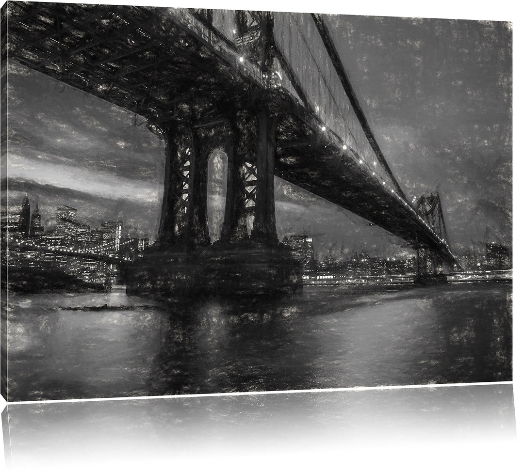 Pixxprint Manhatten Brücke New York Kunst / 100x70cm Leinwandbild bespannt auf Holzrahmen/Wandbild K