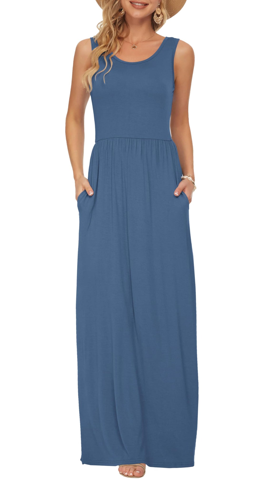AUSELILY Damen Sommer Ärmelloses, lockeres Maxikleid Lässiges, langes Kleid mit Taschen S Beja Blue,