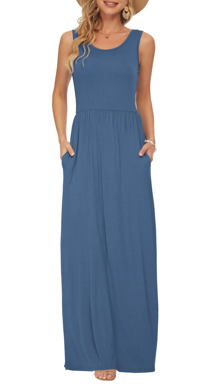 AUSELILY Damen Sommer Ärmelloses Lockeres Maxikleid Lässiges Langes Kleid mit Taschen Beja Blau XL,