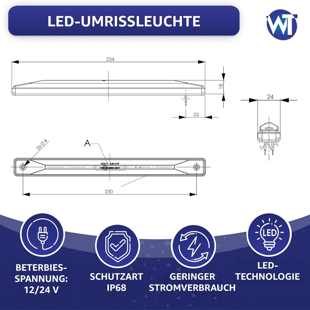 LED-Umrissleuchte LANGE dunkel getönt Graphite rot 9x LED 12/24 V IP68, universelle Montage, Kabel 2