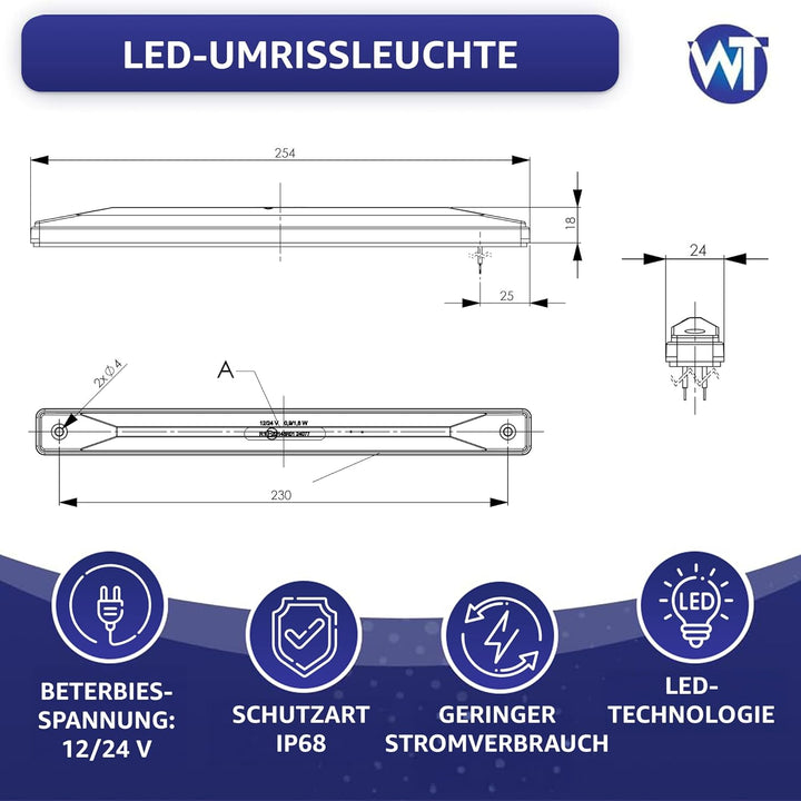 LED-Umrissleuchte LANGE dunkel getönt Graphite rot 9x LED 12/24 V IP68, universelle Montage, Kabel 2