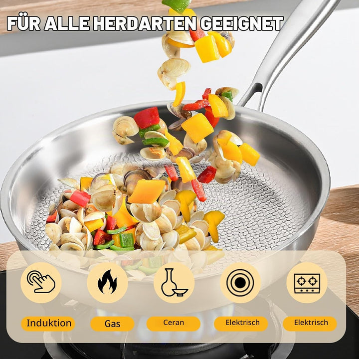 Titan Pfanne, 28CM Titanpfanne Mit Deckel und Spatel, Titanium Hammered Pan 5 Schichten Verdickt, Ti